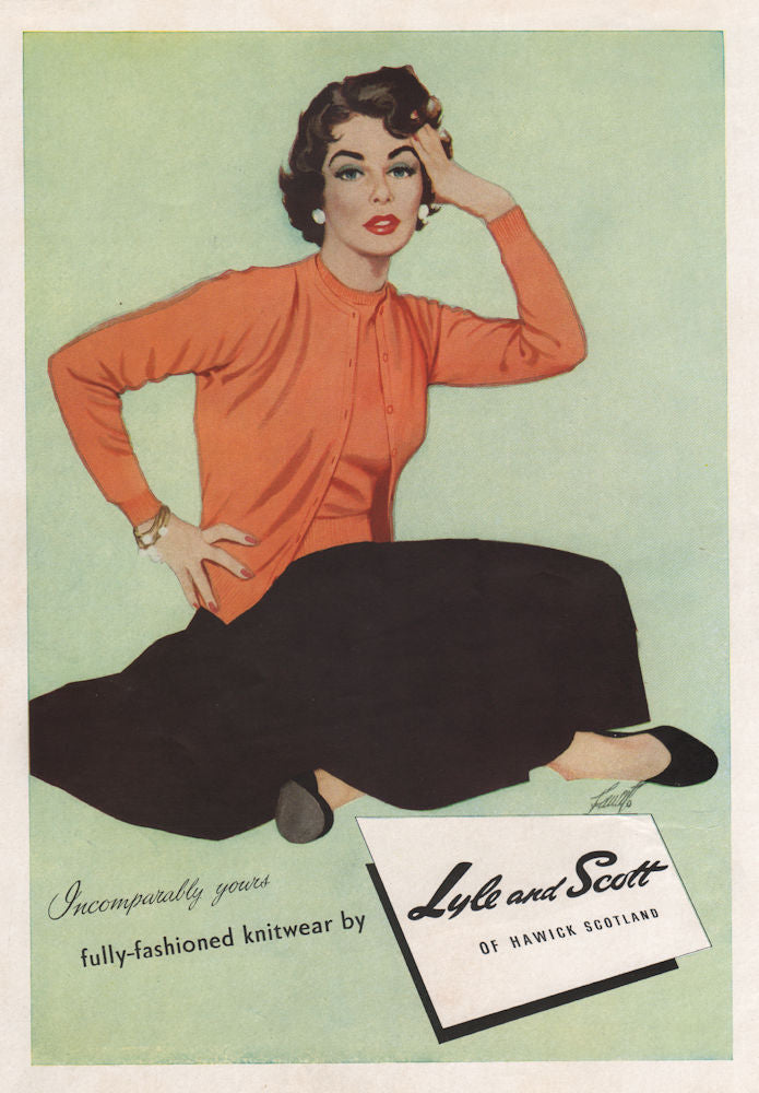 Incomparably yours. Knitwear by Lyle & Scott of Hawick, Scotland. Advert 1955